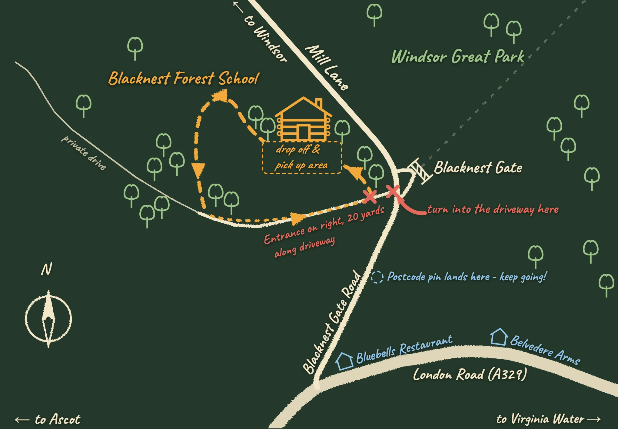 Hand-drawn map: from London Road (A329) turn into Blacknest Gate Road, continue to the triangle junction opposite Blacknest Gate, then turn into the driveway.&nbsp; Our entrance is about 20 yards along on the right, with a one-way loop to the drop off and pick up area by the log cabin.